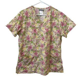 SB Scrubs Floral Print Short Sleeve V-Neck Top With Pockets Yellow Pink M